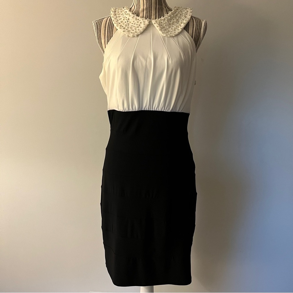 Jackie Jon Evening Dress Black White Beaded Church Wedding Sz 14
